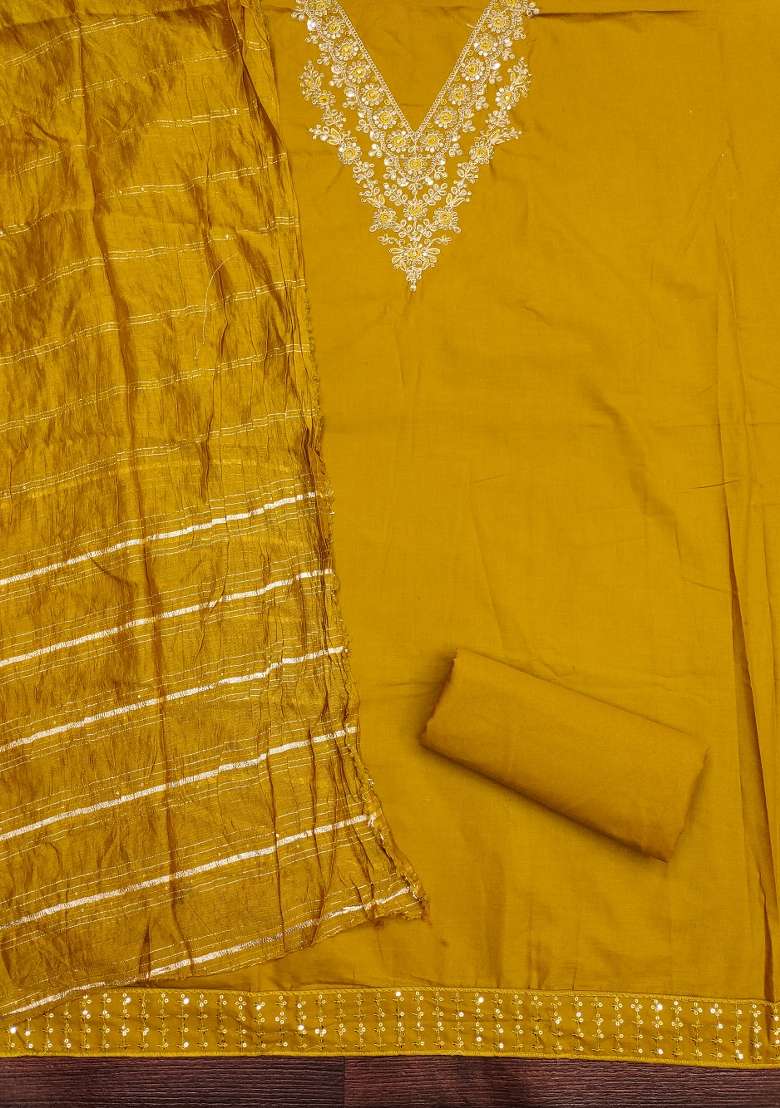 Mehandi Embroidered Cotton Blend Dress Material - Indya