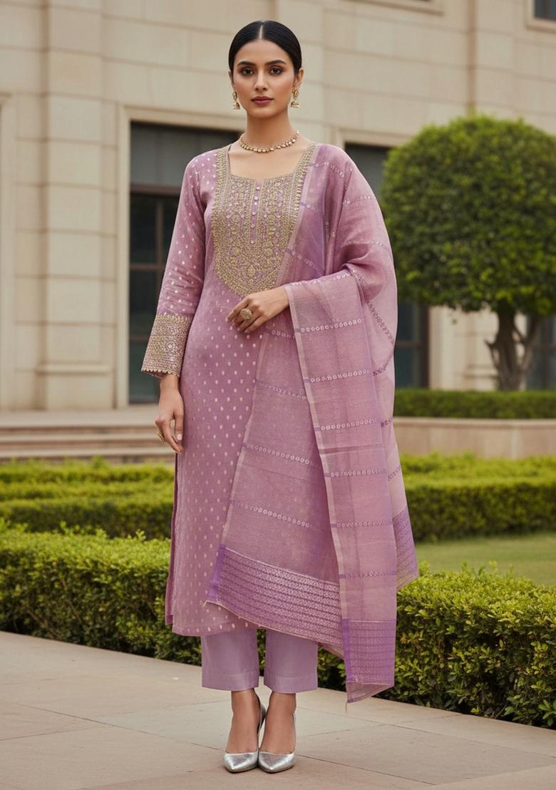 Lavender Embroidered Jacquard Dress Material