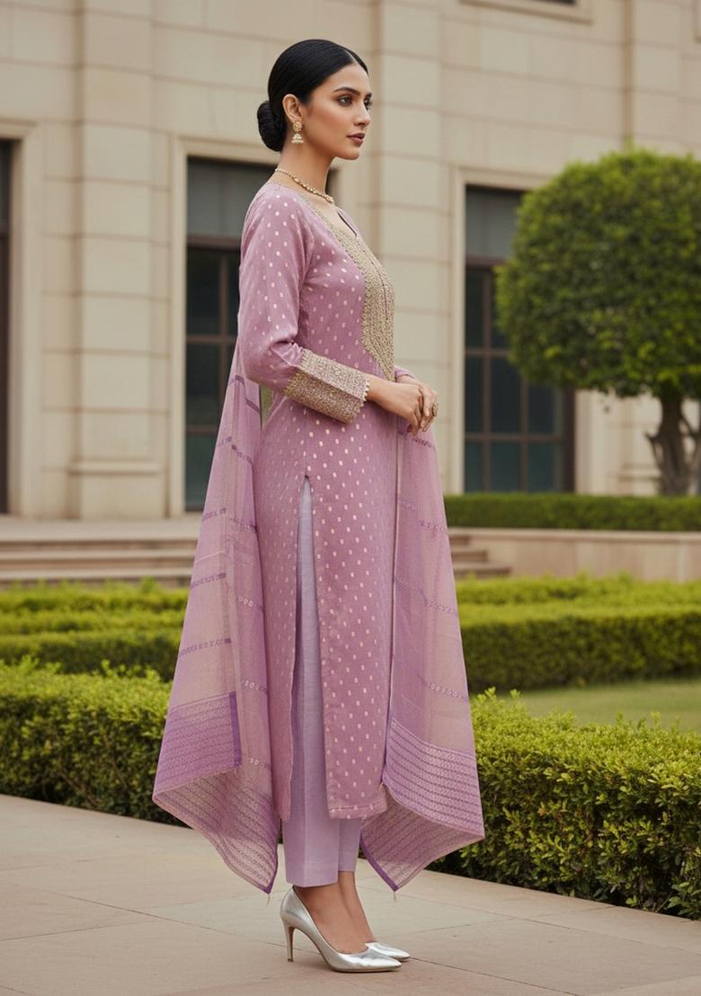 Lavender Embroidered Jacquard Dress Material - Indya