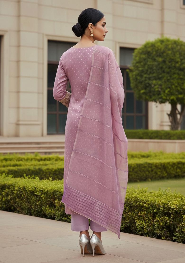 Lavender Embroidered Jacquard Dress Material