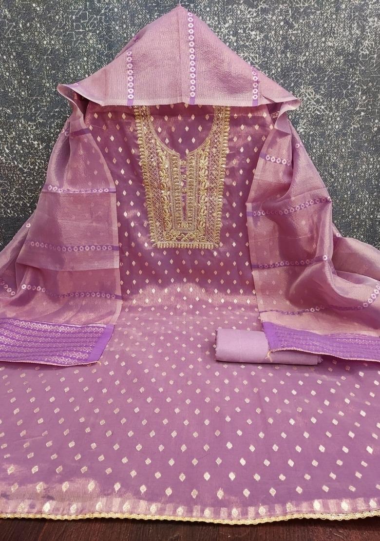 Lavender Embroidered Jacquard Dress Material - Indya