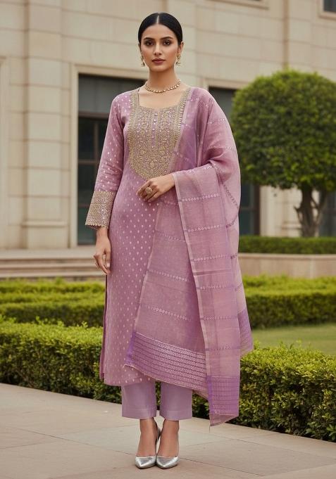 Lavender Embroidered Jacquard Dress Material