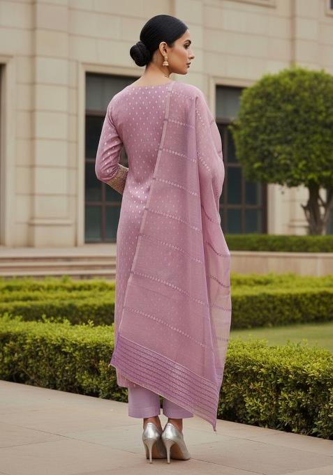 Lavender Embroidered Jacquard Dress Material