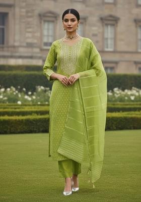 Mehandi Embroidered Jacquard Dress Material