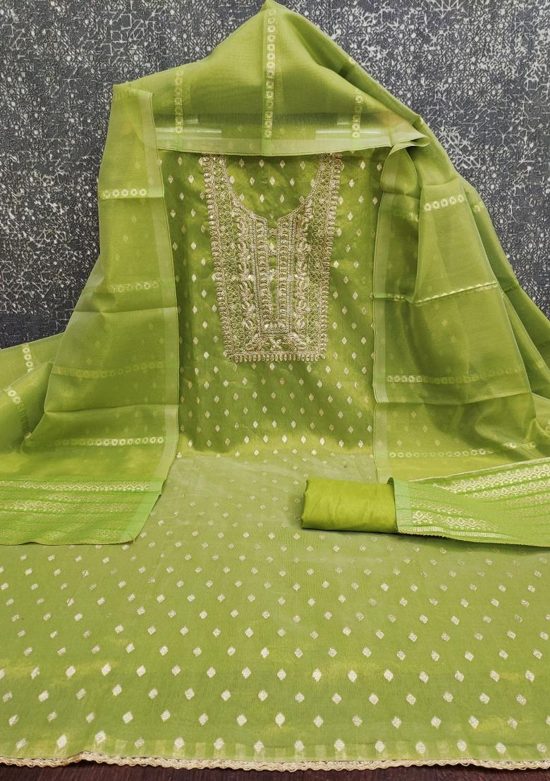 Mehandi Embroidered Jacquard Dress Material