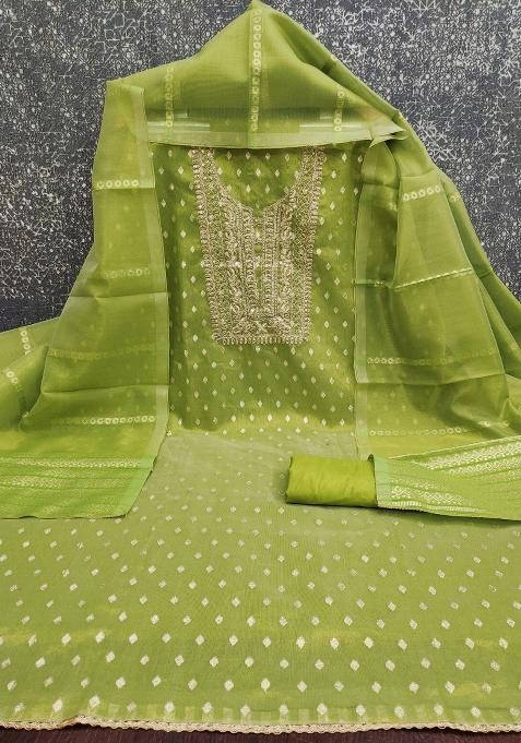 Mehandi Embroidered Jacquard Dress Material