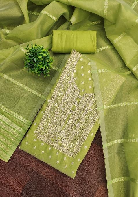 Mehandi Embroidered Jacquard Dress Material