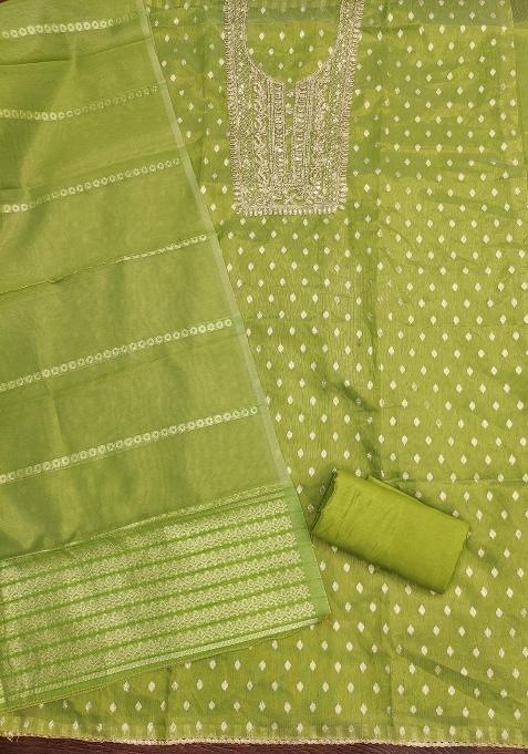 Mehandi Embroidered Jacquard Dress Material