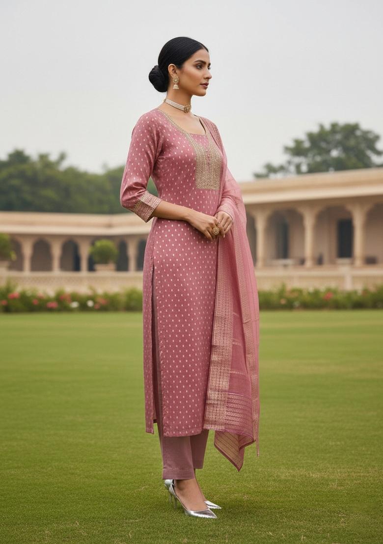 Purple Embroidered Jacquard Dress Material - Indya