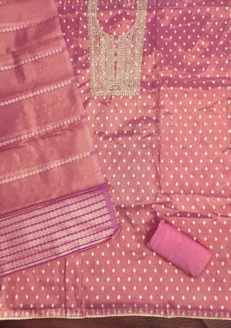 Purple Embroidered Jacquard Dress Material - Indya