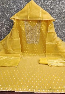 Yellow Embroidered Jacquard Dress Material