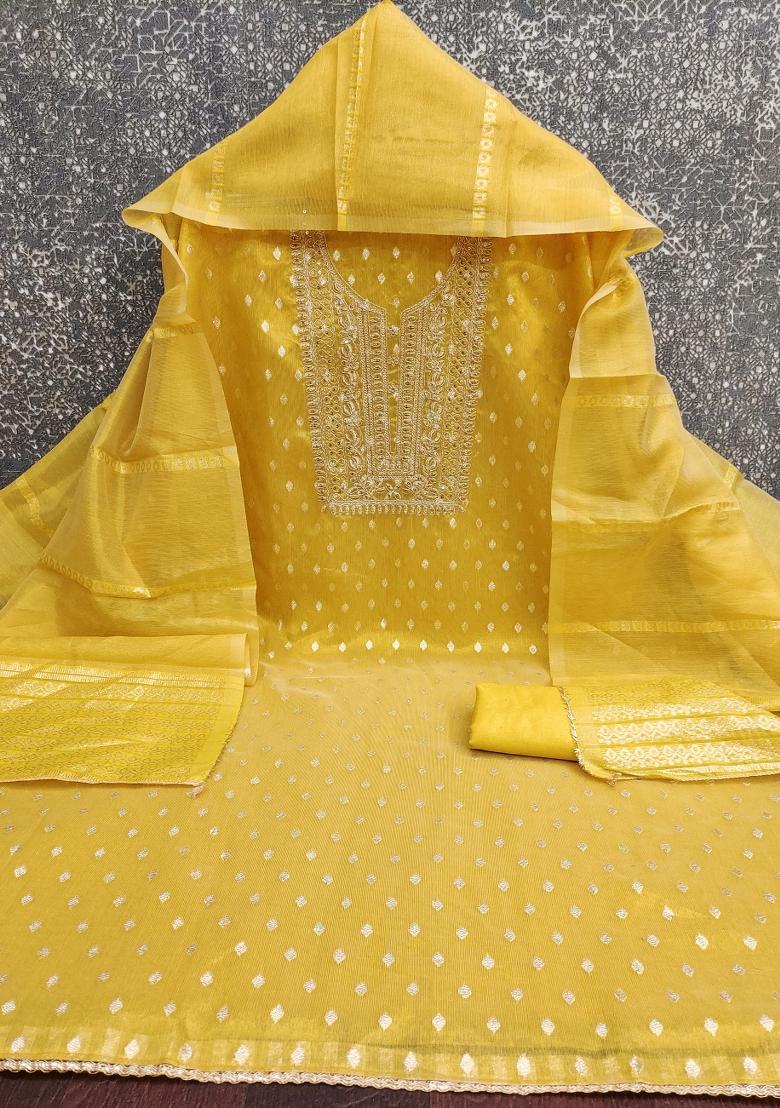 Yellow Embroidered Jacquard Dress Material