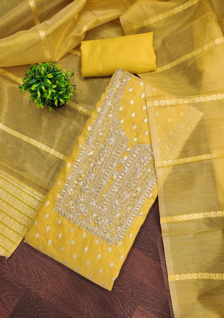 Yellow Embroidered Jacquard Dress Material