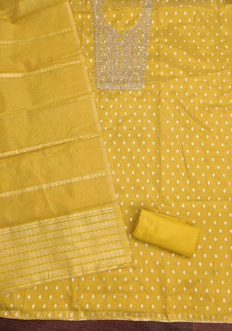 Yellow Embroidered Jacquard Dress Material