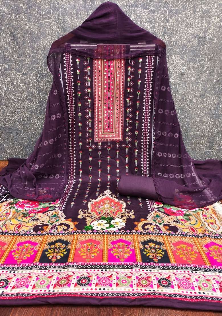 Multicolor Embroidered Cotton Blend Dress Material - Indya