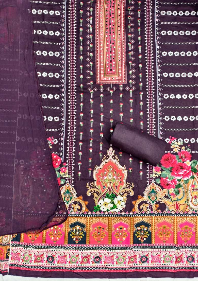 Multicolor Embroidered Cotton Blend Dress Material - Indya