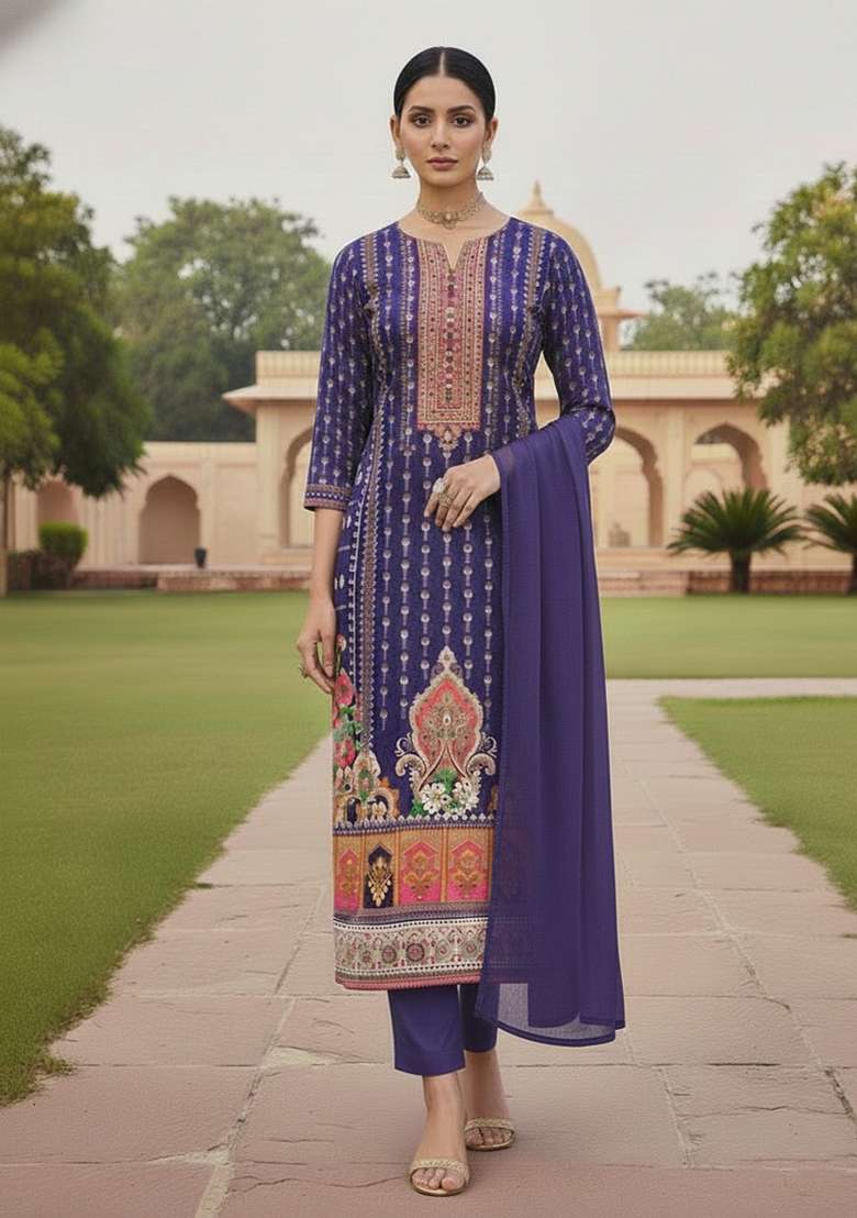 Multicolor Embroidered Cotton Blend Dress Material - Indya