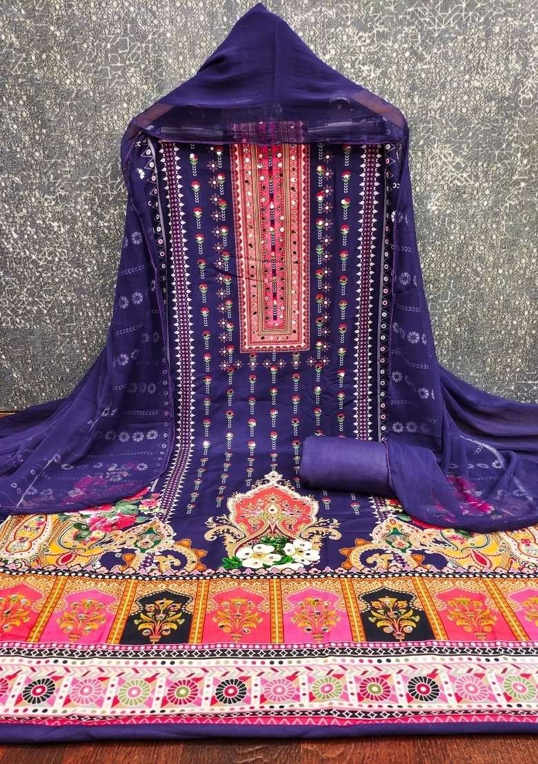 Multicolor Embroidered Cotton Blend Dress Material - Indya
