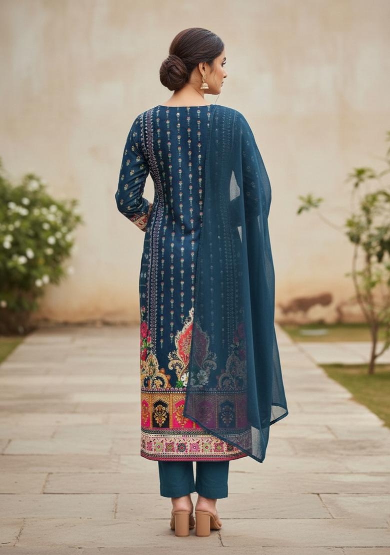 Multicolor Embroidered Cotton Blend Dress Material - Indya