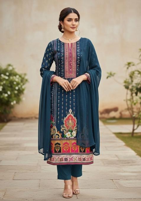Multicolor Embroidered Cotton Blend Dress Material