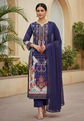 Multicolor Embroidered Cotton Blend Dress Material