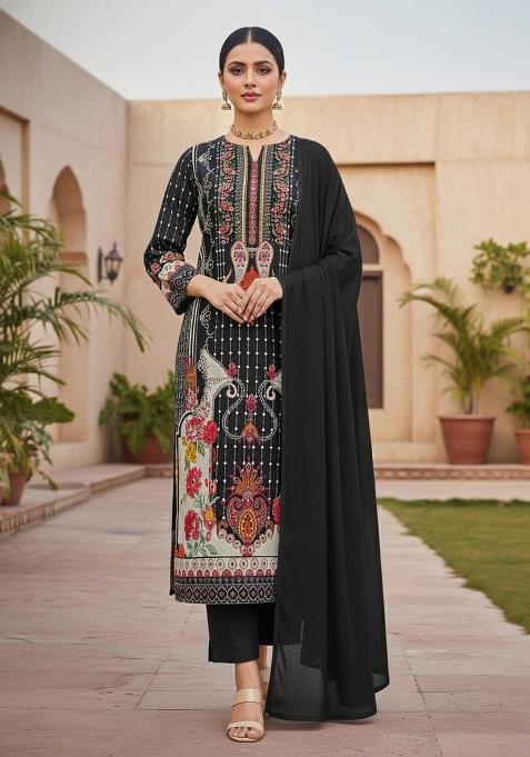 Multicolor Embroidered Cotton Blend Dress Material
