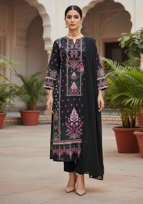 Multicolor Embroidered Cotton Blend Dress Material