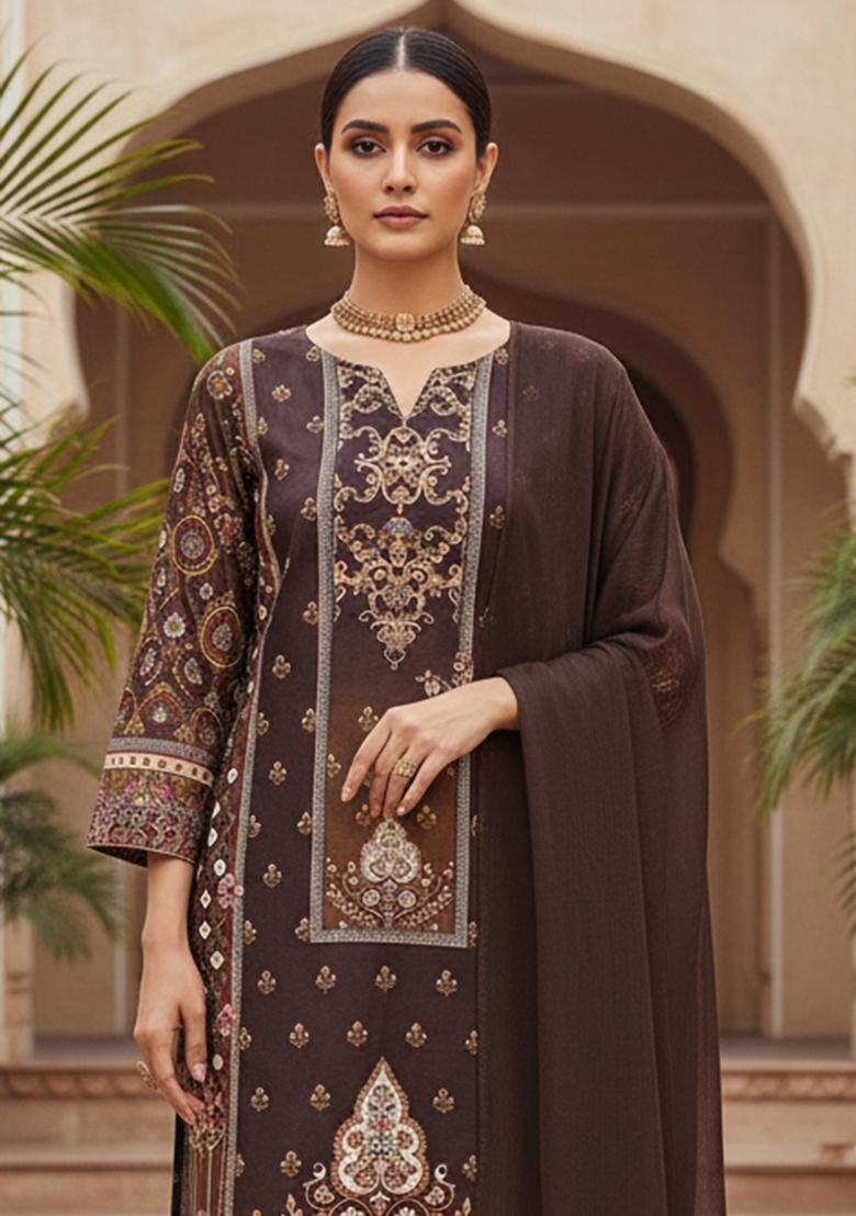Multicolor Embroidered Cotton Blend Dress Material - Indya