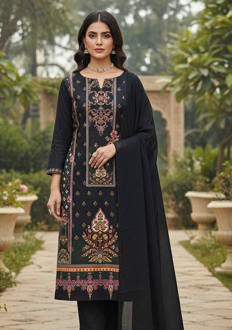 Multicolor Embroidered Cotton Blend Dress Material - Indya