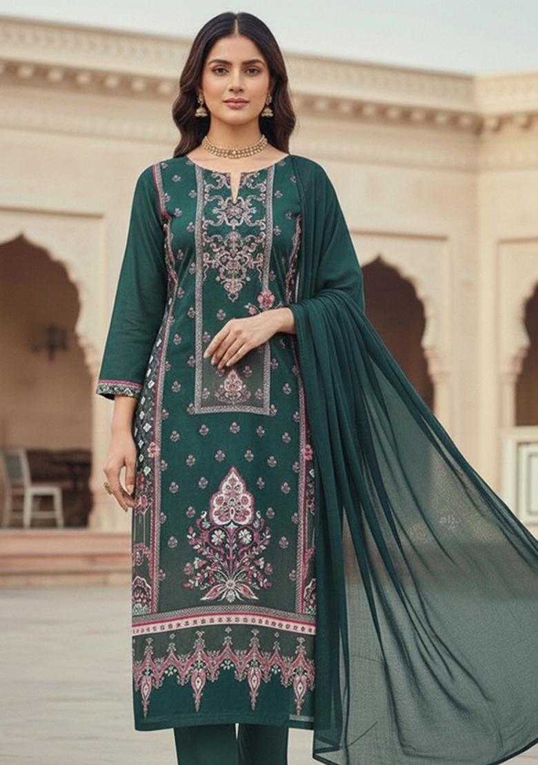 Multicolor Embroidered Cotton Blend Dress Material - Indya