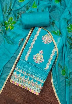 Blue Embroidered Cotton Blend Dress Material
