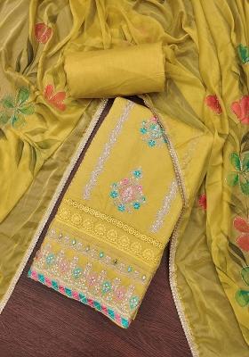 Beige Embroidered Cotton Blend Dress Material