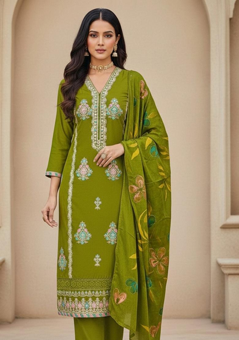 Green Embroidered Cotton Blend Dress Material - Indya