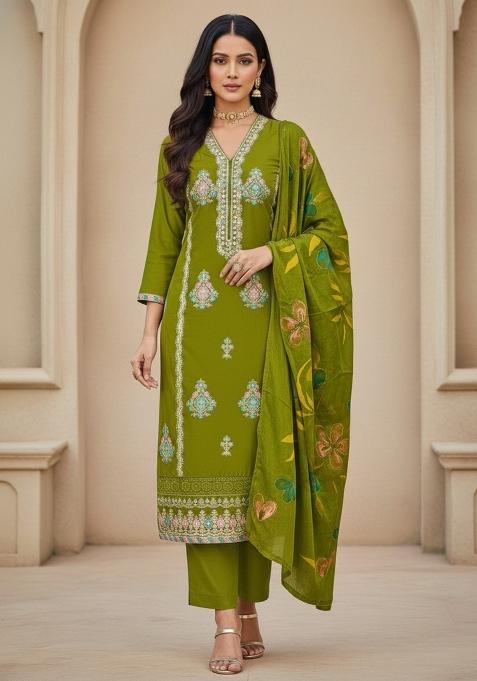 Green Embroidered Cotton Blend Dress Material
