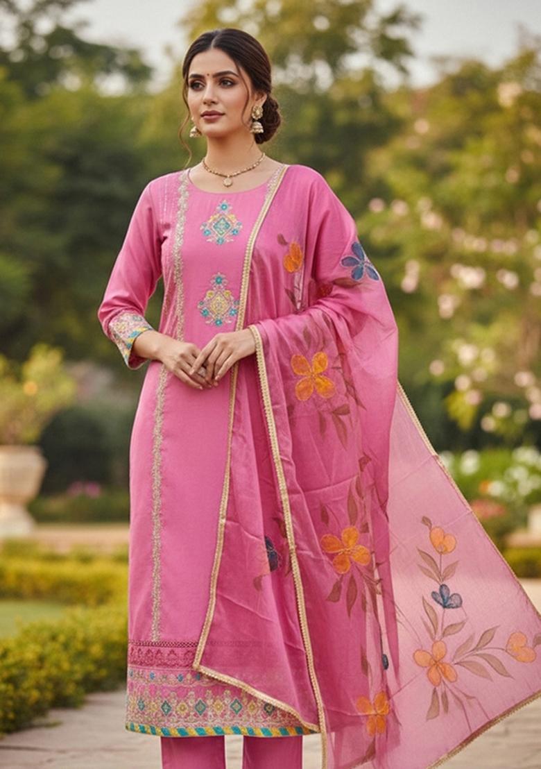 Pink Embroidered Cotton Blend Dress Material - Indya