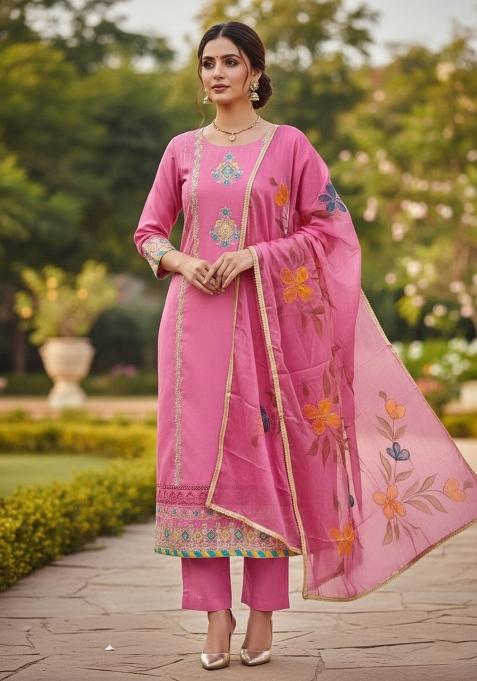 Pink Embroidered Cotton Blend Dress Material