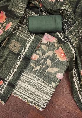 Dark Green Embroidered Cotton Blend Dress Material