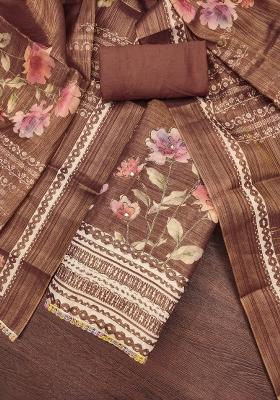 Brown Embroidered Cotton Blend Dress Material