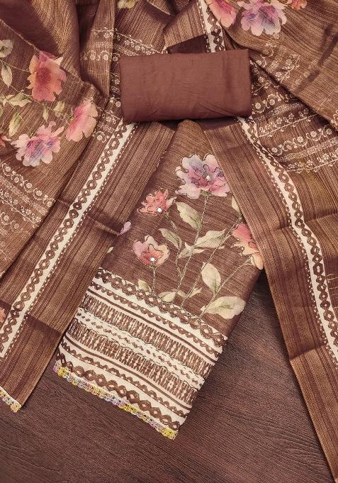 Brown Embroidered Cotton Blend Dress Material