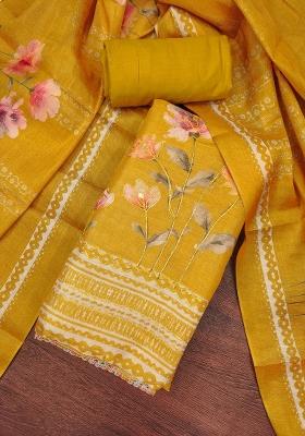Mustard Embroidered Cotton Blend Dress Material