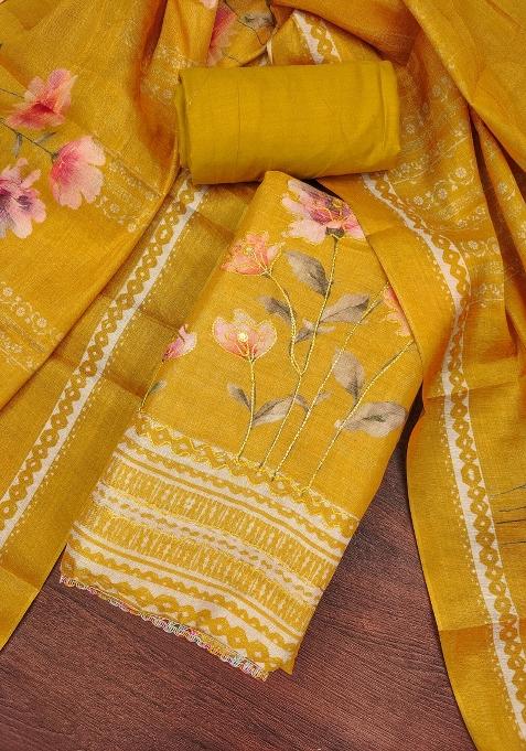 Mustard Embroidered Blended Straight Kurta Set