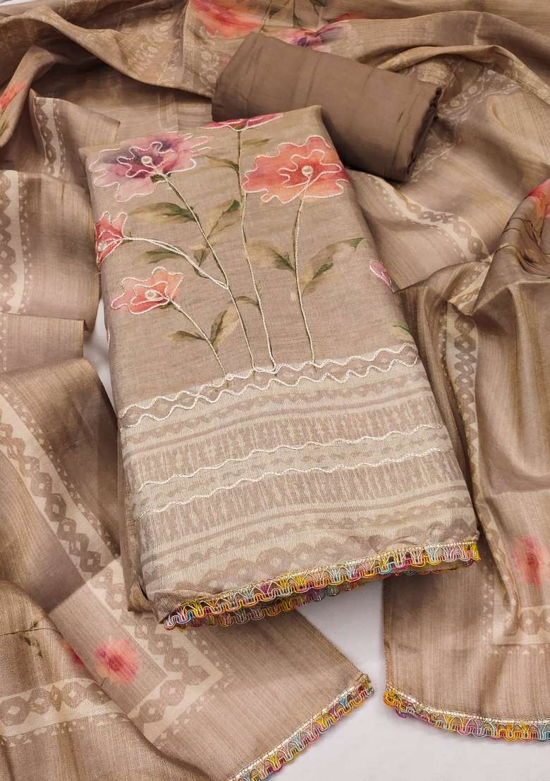 Grey Embroidered Blended Straight Kurta Set - Indya