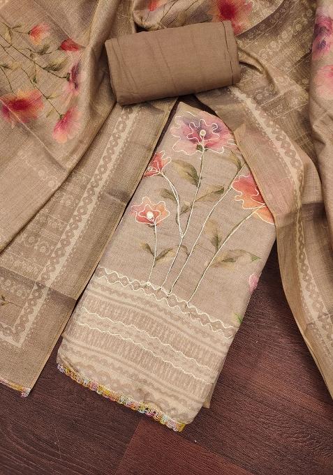 Grey Embroidered Cotton Blend Dress Material