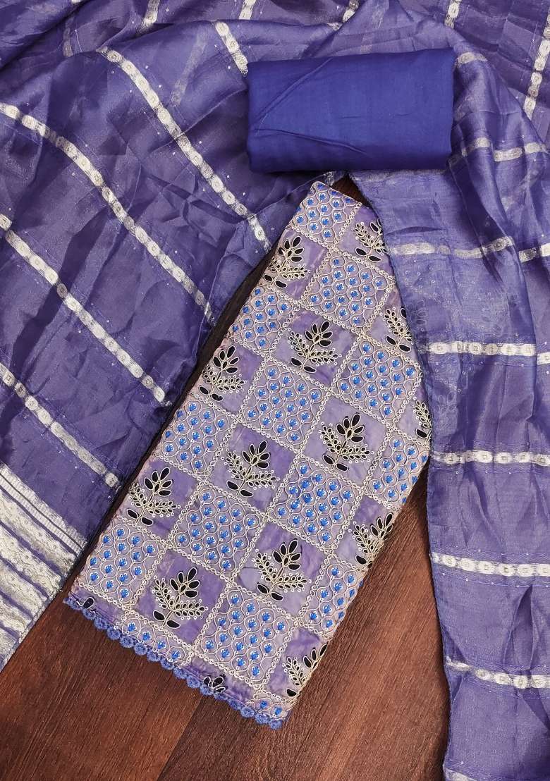 Royal Blue Embroidered Silk Dress Material - Indya