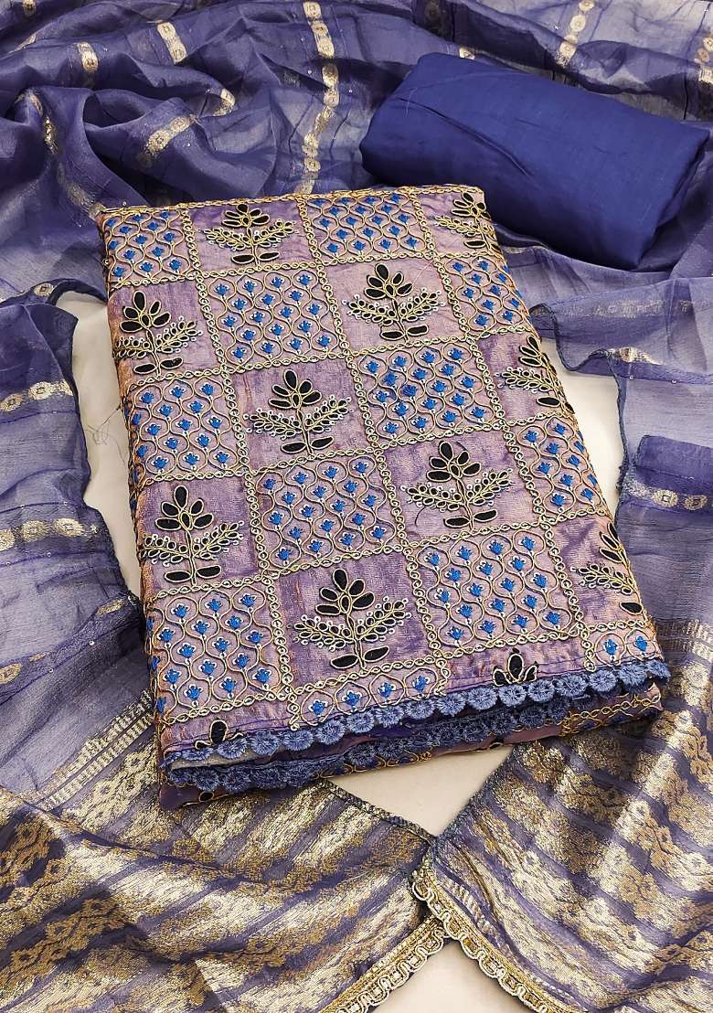 Royal Blue Embroidered Silk Dress Material - Indya