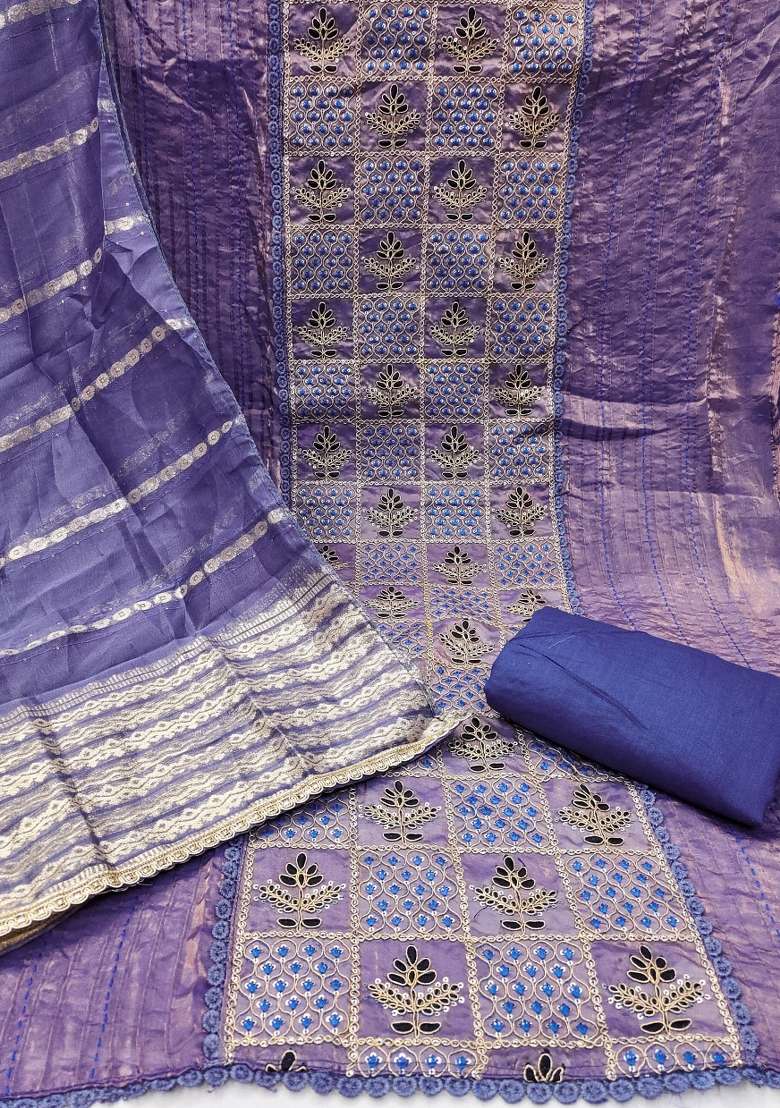 Royal Blue Embroidered Silk Dress Material - Indya
