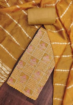 Mustard Embroidered Silk Dress Material