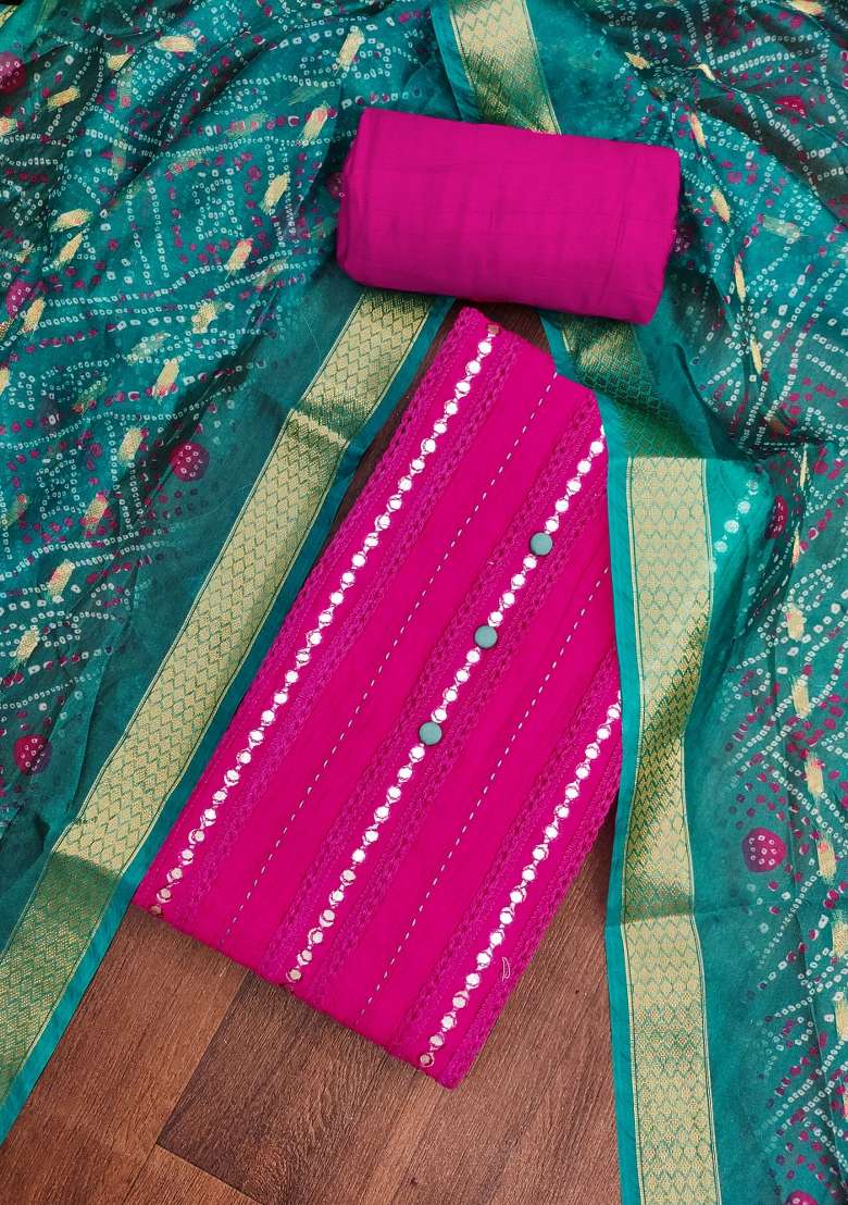 Pink Mirror Work Blended Punjabi Suit - Indya