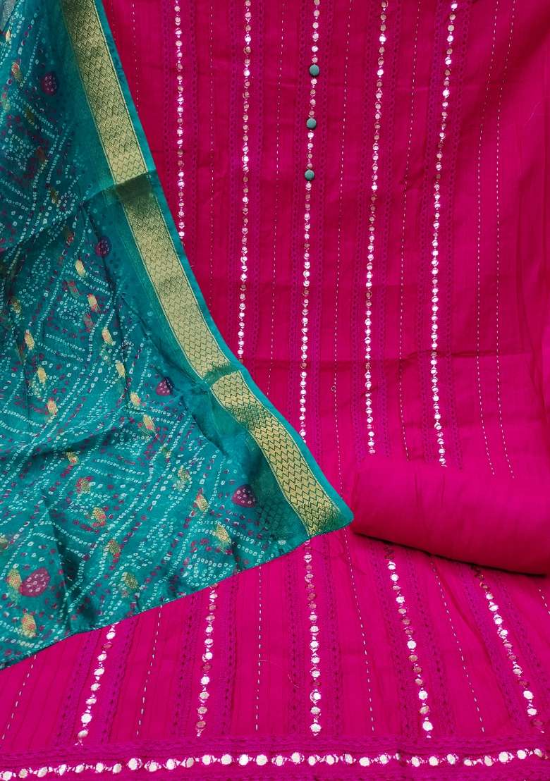 Pink Mirror Work Blended Punjabi Suit - Indya