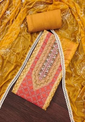 Multicolor Embroidered Cotton Blend Dress Material